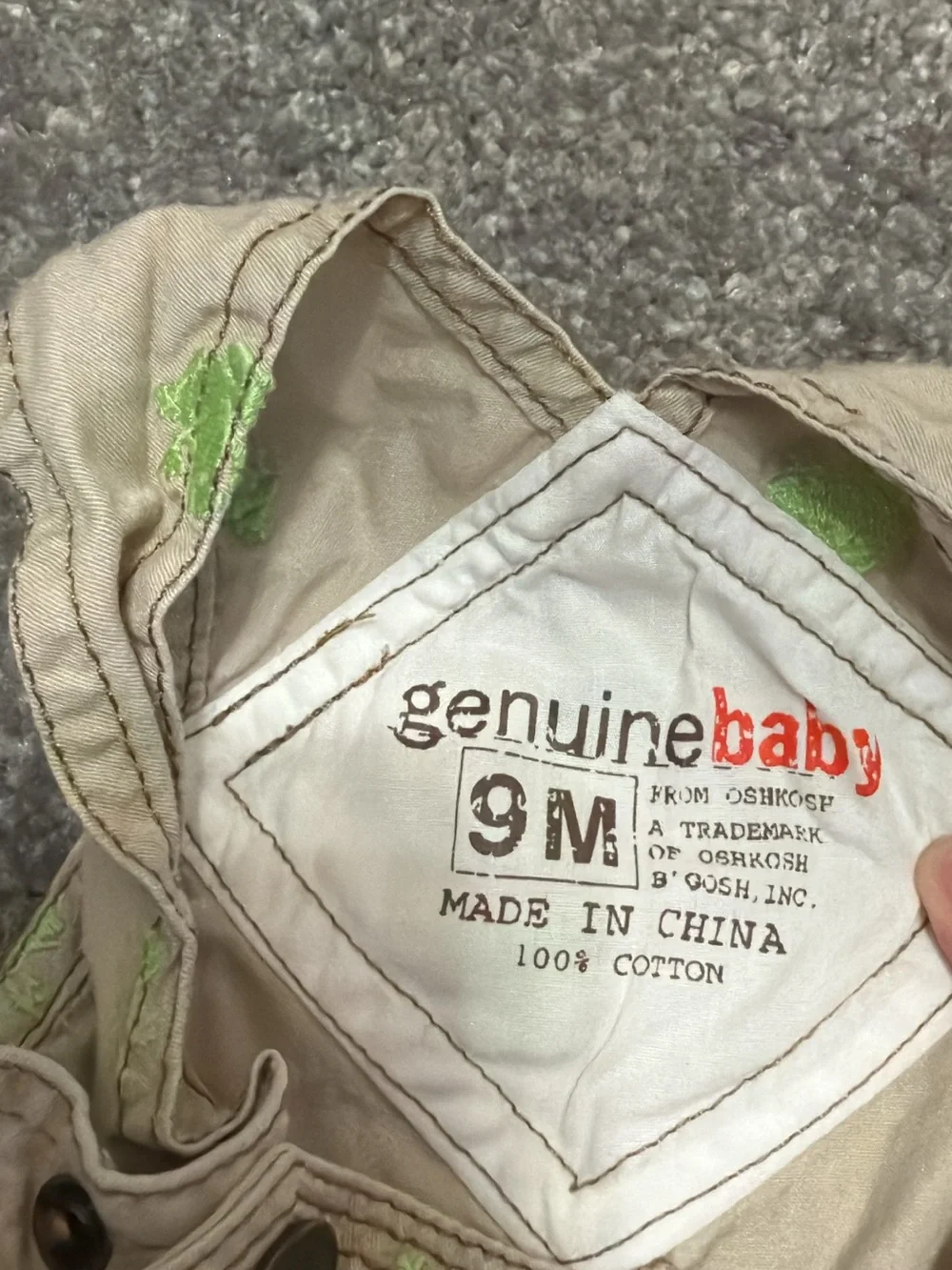 OshKosh B'gosh Khaki Overalls with Neon Green Frog Embroidery